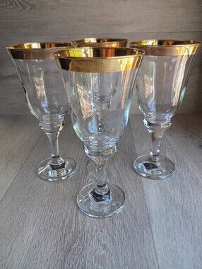 4 Vintage Turkish Crystal Glass Goblets Gold Trim Circleware Pasabahce